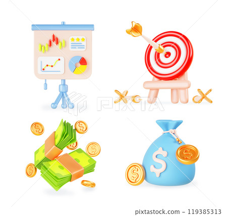 3d set of business and finance icon. Isolated flipchart with charts and diagrams, target with arrow, paper cash, money bag with dollar coins. Work strategy, goal achievement, success. 3D illustration 119385313