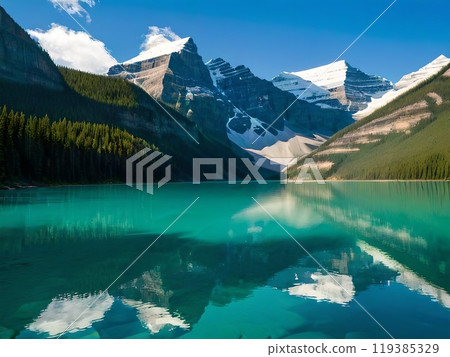 A magnificent view of the mountains and lake 119385329