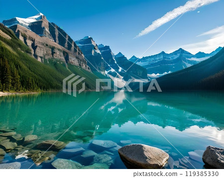 A magnificent view of the mountains and lake 119385330