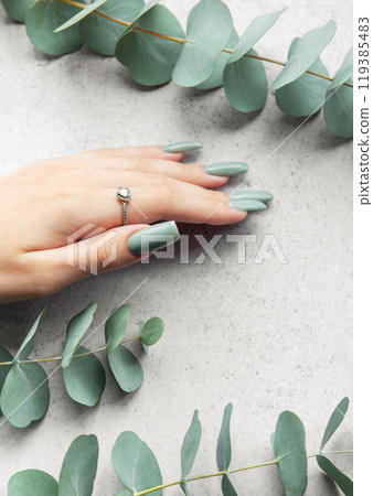 Elegant green nails showcased alongside fresh eucalyptus leaves on a soft gray surface 119385483