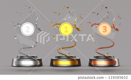 3d glass award trophy with confetti render icon set. Crystal prize on pedestal, golden, silver and bronze medal. Champion of competition, first place winner cup, victory celebration. 3D illustration 119385632
