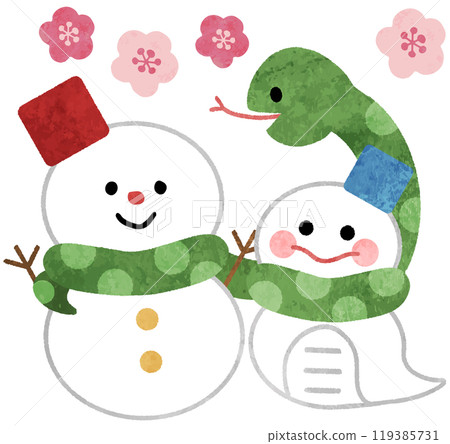 Year of the Snake: Cute snowman and snake New Year's card icon illustration Year of the Snake: Cute snowman and snake New Year's card icon illustration 119385731
