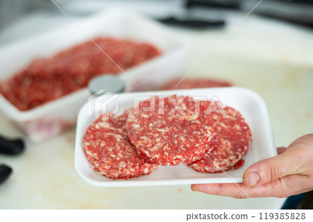 Cooking meat cutlets in kitchen using special devices Cooking meat cutlets in kitchen using special devices 119385828