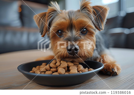 Yorkshire Terrier dog looks at the camera with a curious expression near a bowl of food 119386016