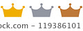 Illustration set of 1st, 2nd and 3rd place (gold, silver and bronze) crowns 119386101