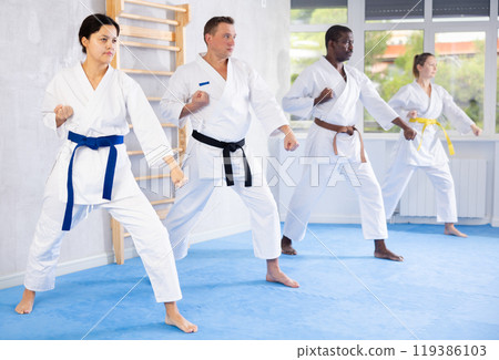 Group of multinational people in kimonos try new fighting techniques at karate lessons Group of multinational people in kimonos try new fighting techniques at karate lessons 119386103