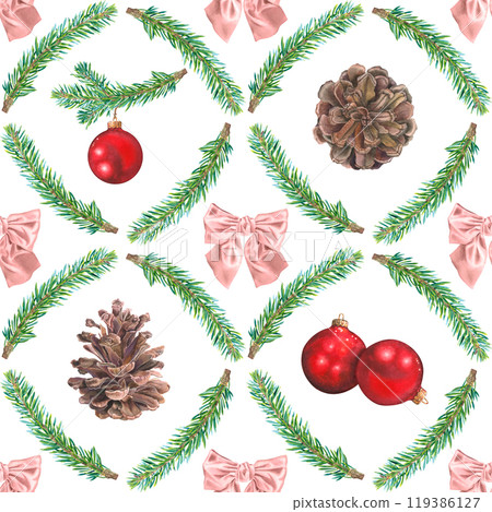 Seamless pattern of fir branches, pinecones, bow, red ball for Christmas. All objects are hand-painted with watercolor on a white background. For printing on paper, postcards, packaging, fabric, decor Seamless pattern of fir branches, pinecones, bow, red ball for Christmas. All objects are hand-painted with watercolor on a white background. For printing on paper, postcards, packaging, fabric, decor 119386127