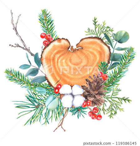 Heart shape wood slice, pine, fir and thuja branches, holly berries, pine cone, cotton, eucalyptus. Hand drawn watercolor illustration of Christmas frame on isolated background for party invitations. 119386145