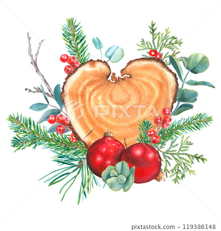 Heart shape wood slice, glass round red balls, pine, fir, thuja branches, holly berries, eucalyptus. Hand drawn watercolor illustration of Christmas frame on isolated background for party invitations. 119386148