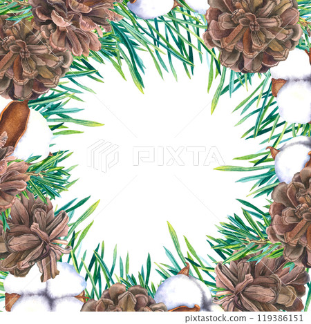 Watercolor board with cones, coniferous twigs, bolls of cotton flower. Hand drawn illustration of botanical Christmas square frame on isolated background. For greeting cards or New Year invitations. 119386151