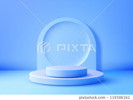 A minimalist 3D blue circular podium with a large arched backdrop set against a serene blue background A minimalist 3D blue circular podium with a large arched backdrop set against a serene blue background 119386162