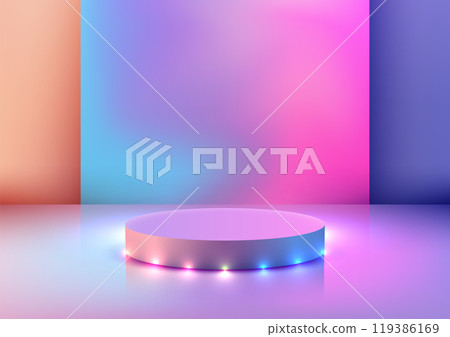 Futuristic 3D Podium with Colorful Lights and Gradient Background for Modern Product Display and Showcase in Technology Concept Futuristic 3D Podium with Colorful Lights and Gradient Background for Modern Product Display and Showcase in Technology Concept 119386169