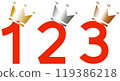 Illustration set of 1st, 2nd, and 3rd place letters and gold, silver, and bronze crowns 119386218