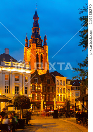 Evening landscape with a view of St. Martin Church in city of Kortrijk 119386270