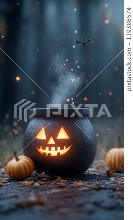 A black pumpkin with a lit candle inside of it is surrounded by two pumpkins A black pumpkin with a lit candle inside of it is surrounded by two pumpkins 119386574