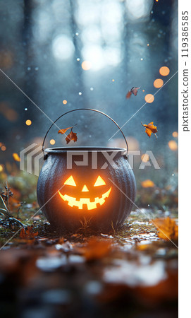 A pumpkin lantern with a smiley face on it is lit up and placed in a forest 119386585