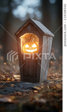 A wooden box with a pumpkin inside of it 119386592