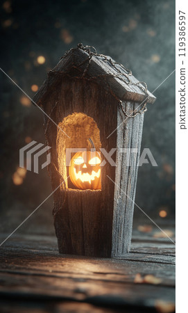 A wooden structure with a pumpkin inside of it A wooden structure with a pumpkin inside of it 119386597
