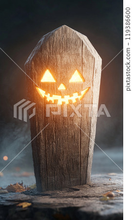 A wooden post with a pumpkin on it and a smiley face A wooden post with a pumpkin on it and a smiley face 119386600