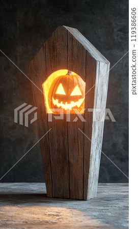A wooden coffin with a pumpkin inside and a light shining on it 119386606