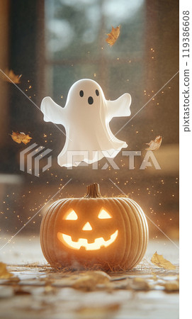 A ghost is floating above a pumpkin with a lit candle inside A ghost is floating above a pumpkin with a lit candle inside 119386608