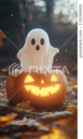 A ghost is sitting on top of a pumpkin with a lit candle inside 119386609