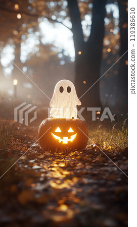A ghost is standing on a pumpkin with a lit candle inside 119386610