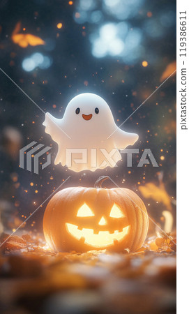 A ghost is floating above a pumpkin on a forest floor 119386611