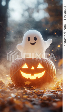 A ghost is standing in front of a pumpkin with a smile on its face 119386612