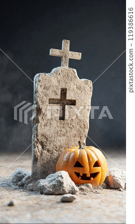A cross is on top of a grave stone with a pumpkin and a pumpkin lantern 119386616