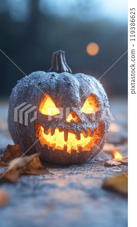 A pumpkin with a scary face and a lit candle inside 119386625