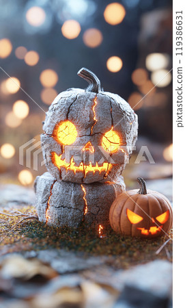 A pumpkin with a skull on top of it is surrounded by two pumpkins A pumpkin with a skull on top of it is surrounded by two pumpkins 119386631
