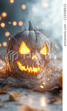A pumpkin with a scary face is on a table 119386632