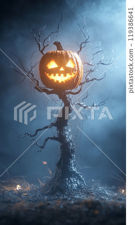 A tree with a pumpkin on top and a face carved into it 119386641