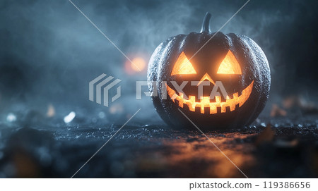 A pumpkin with a smiley face on it is lit up and placed on a dark surface 119386656