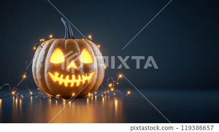 A pumpkin with a smiley face on it is lit up with lights 119386657