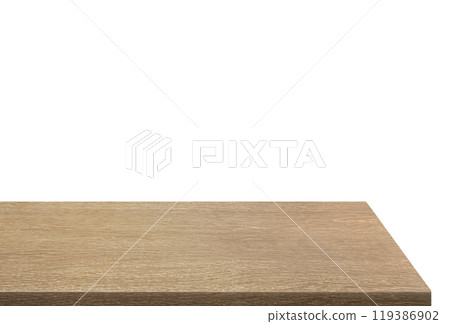 Side view of empty wooden table isolated on white background. Side view of empty wooden table isolated on white background. 119386902
