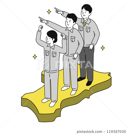 Image illustration of a man and woman in work clothes smiling while working in Akita Prefecture Image illustration of a man and woman in work clothes smiling while working in Akita Prefecture 119387030