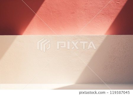 Abstract background banner. Sunlit space with red and white straight walls and a flat floor. AI generated image. Abstract background banner. Sunlit space with red and white straight walls and a flat floor. AI generated image. 119387045