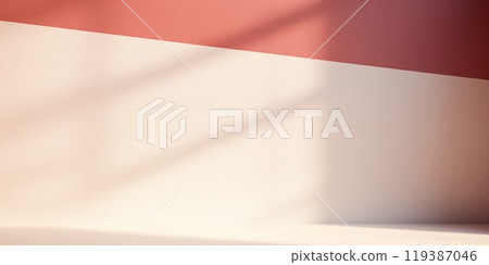 Abstract background horizontal banner. Sunlit space with red and white straight walls and a flat floor. AI generated image. 119387046
