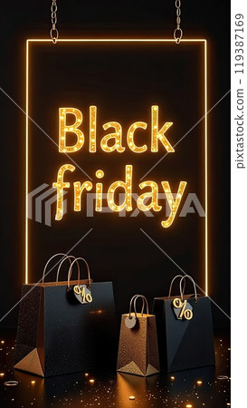 Neon glowing gold lettering Black Friday on a black background. Shop window for Black Friday, sale, discounts, shopping bags, AI generated Neon glowing gold lettering Black Friday on a black background. Shop window for Black Friday, sale, discounts, shopping bags, AI generated 119387169
