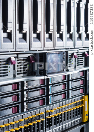 Array of data storage hard drives in internet data center 119387328
