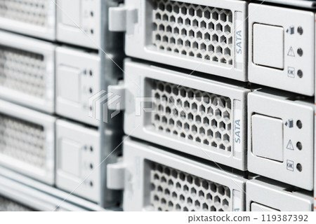 Array of data storage hard drives in internet data center Array of data storage hard drives in internet data center 119387392