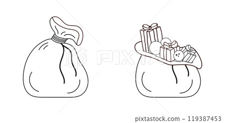 Santa Claus bag, sack with gifts. Black and white vector illustration. Black line style, outline, doodle. New Year, Christmas gifts. Bag tied with rope and bag filled with gift boxes. Coloring book. 119387453