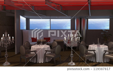 restaurant, interior visualization, 3D illustration restaurant, interior visualization, 3D illustration 119387817