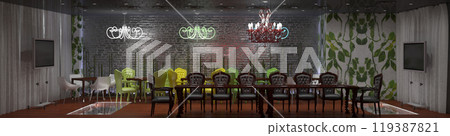 restaurant, interior visualization, 3D illustration restaurant, interior visualization, 3D illustration 119387821