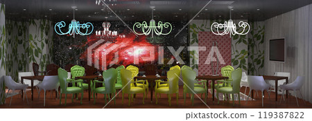 restaurant, interior visualization, 3D illustration restaurant, interior visualization, 3D illustration 119387822