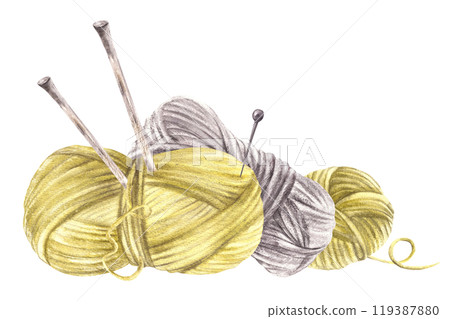Different skeins of yarn and wooden knitting needles. Grey and green yarn balls, crochet hook, pins Watercolor hand drawn illustration for female hobby blogs, needlework label Isolated from background 119387880