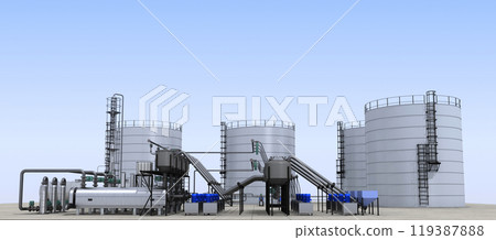 oil refinery, chemical production, waste processing plant, exterior visualization, 3D illustration, cg 119387888