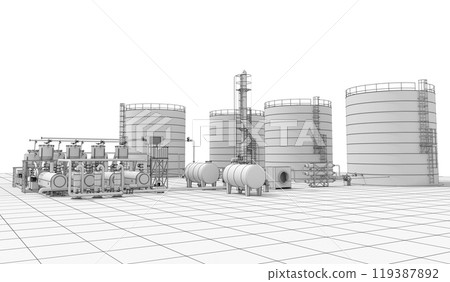 oil refinery, chemical production, waste processing plant, exterior visualization, 3D illustration, cg oil refinery, chemical production, waste processing plant, exterior visualization, 3D illustration, cg 119387892